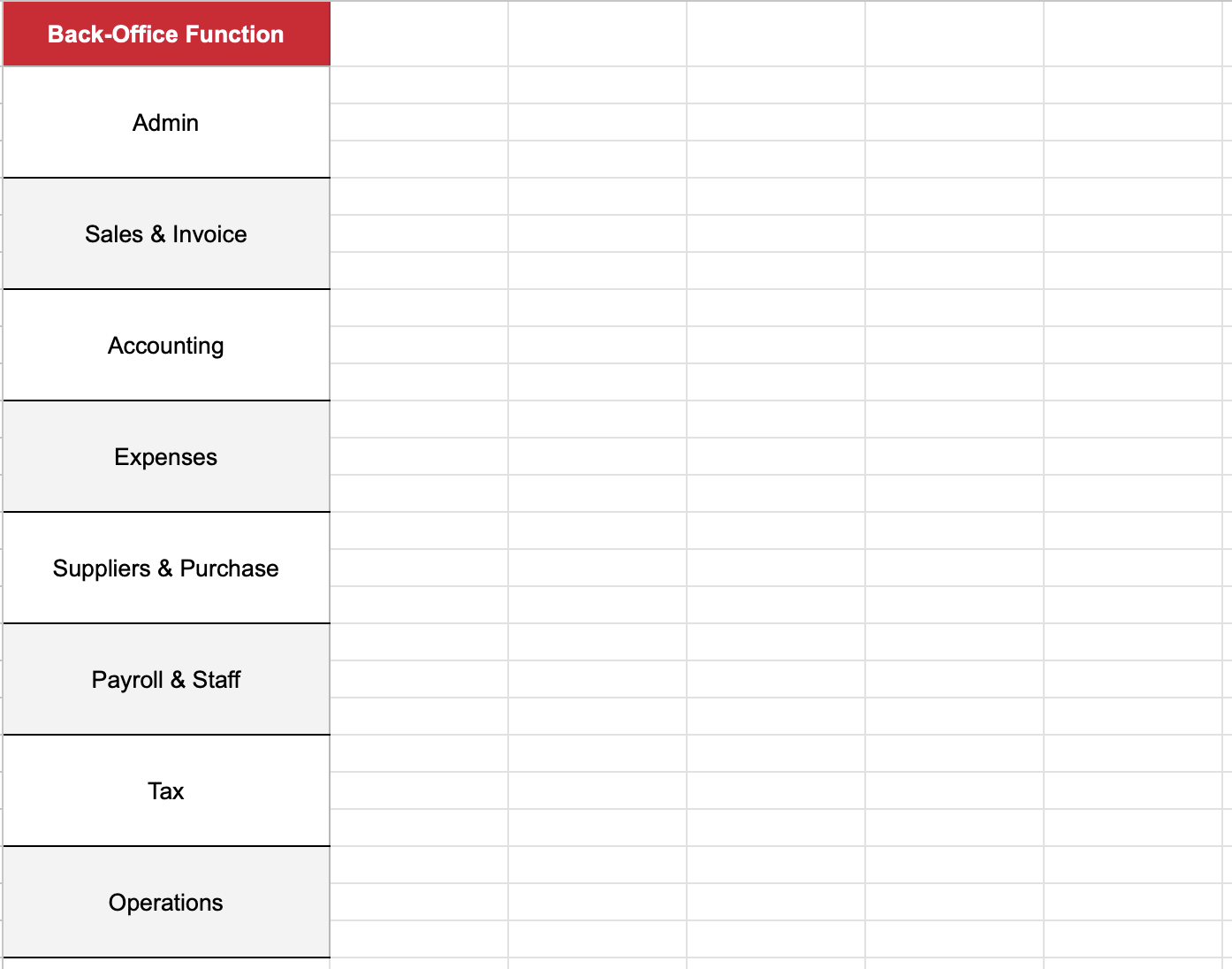 Worksheet listing the basic back-office functions for a Singapore SME