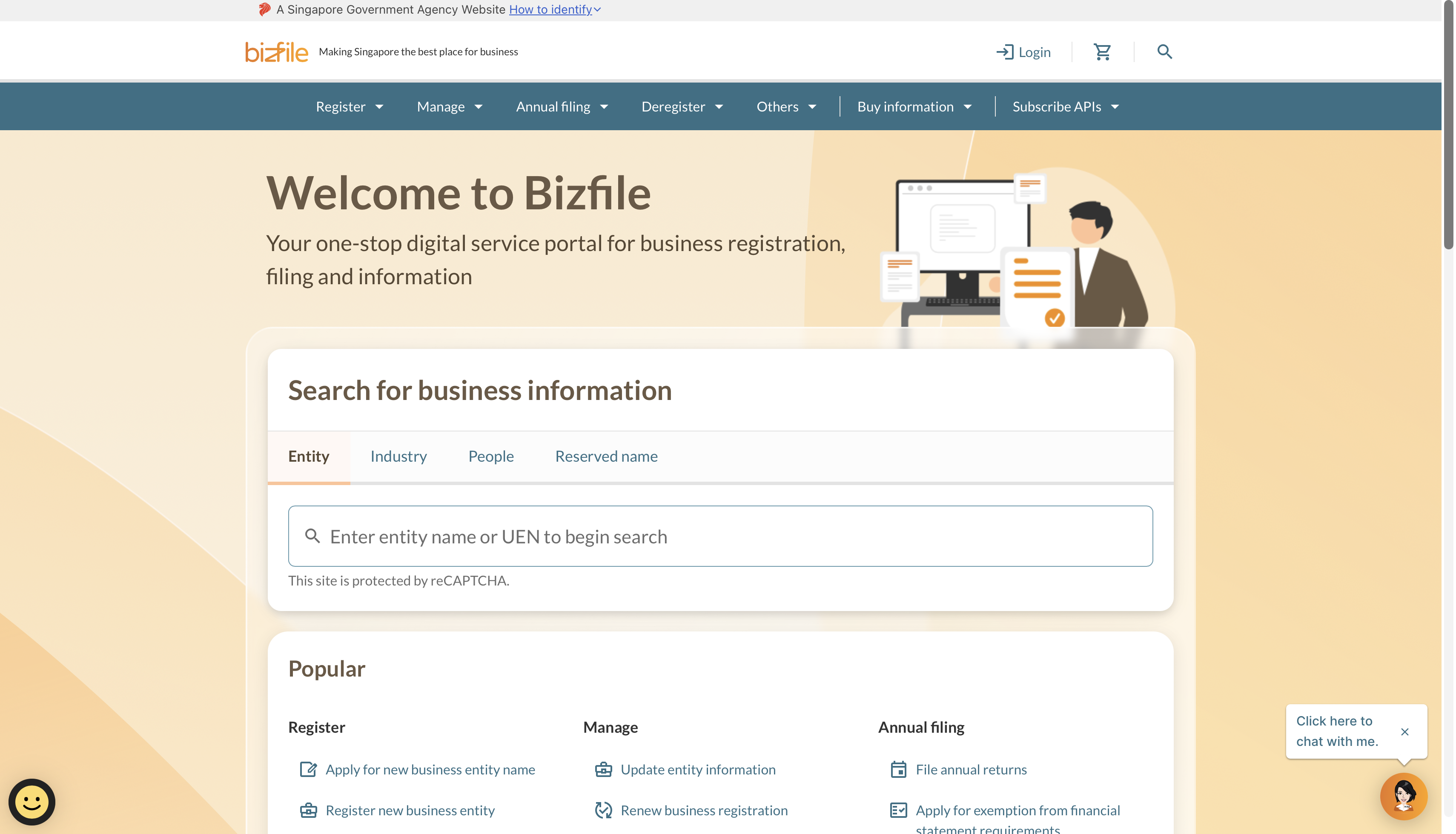 ACRA Bizfile portal homepage