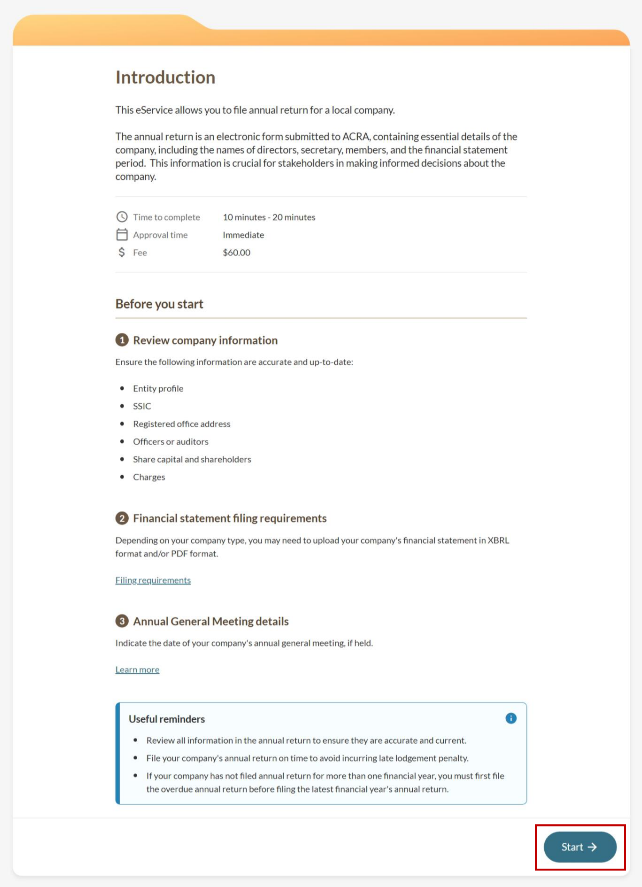 Screenshot of the ACRA annual return form introduction on BizFile+